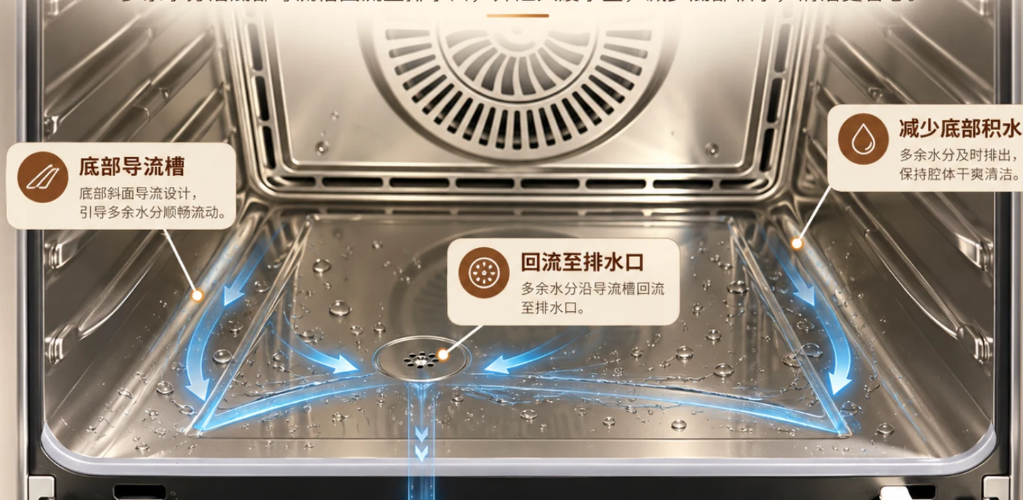 星环内腔清洁结构示意,展示底部排水口与可拆卸层架